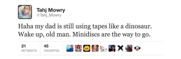 tweet - covfefe - Tahj Mowry Haha my dad is still using tapes a dinosaur. Wake up, old man. Minidiscs are the way to go. 45 21 Favorites