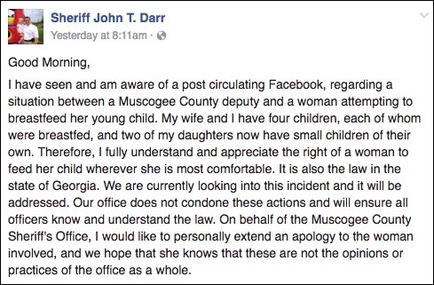 She did just that, and Muscogee Country Sheriff Darr posted his response to her on Facebook as well.