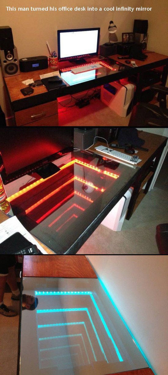 infinity mirror desk - This man turned his office desk into a cool infinity mirror