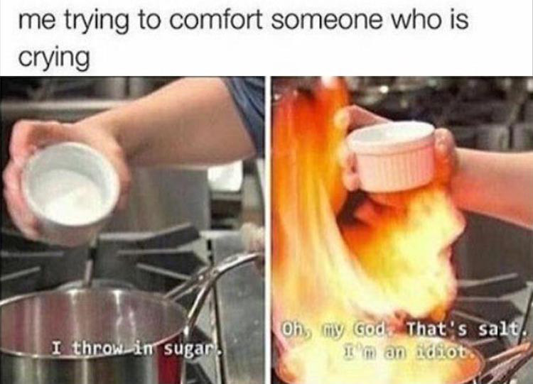 trying to comfort someone meme - me trying to comfort someone who is crying I throw in sugar on, my God That's salt. Im an idiot
