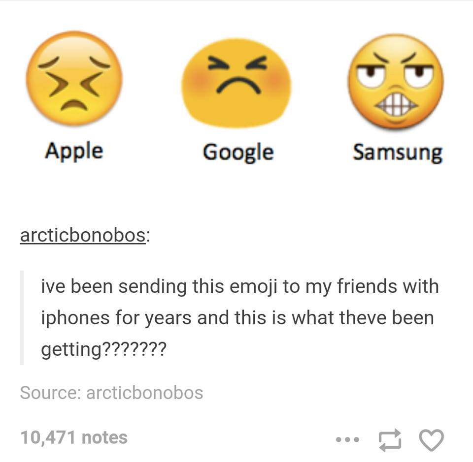 samsung emoji meme - Apple Google Samsung arcticbonobos ive been sending this emoji to my friends with iphones for years and this is what theve been getting??????? Source arcticbonobos 10,471 notes ...