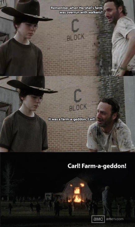 walking dad jokes - Remember when Hershel's farm was overrun with walkers? Block Block It was a farmageddon, Carl! Carl! Farmageddon! amc ameru.com