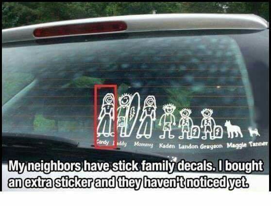 funny pic stick figure decals funny - chy Iddy Mommy Kaden Landon Grayson Maggie van My neighbors have stick family decals. I bought an extra sticker and they haven't noticed yet.