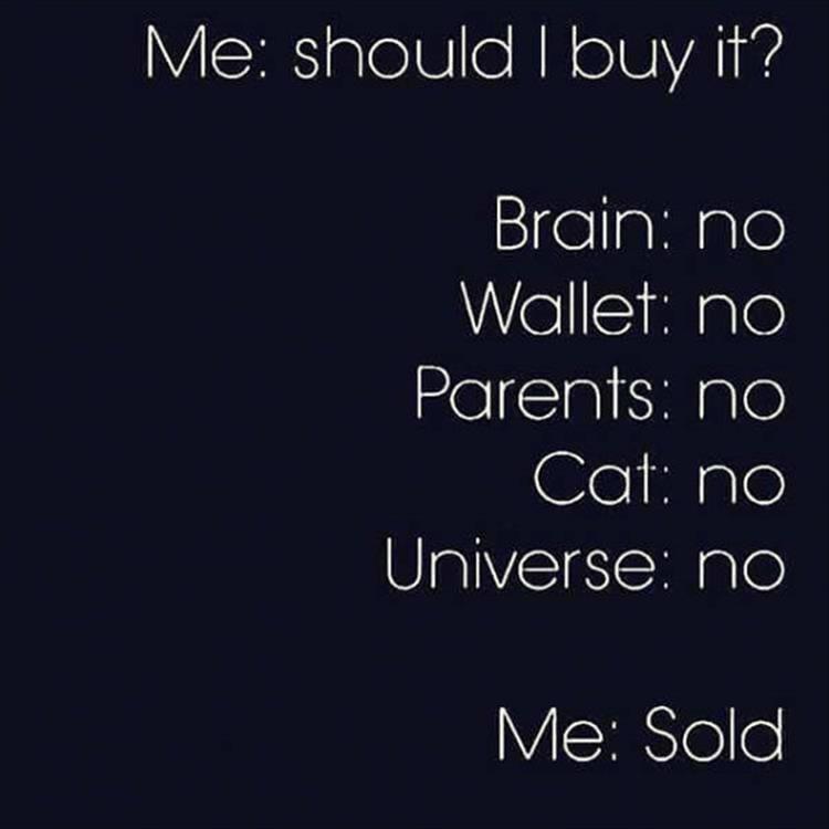 Humour - Me should I buy it? Brain no Wallet no Parents no Cat no Universe no Me Sold