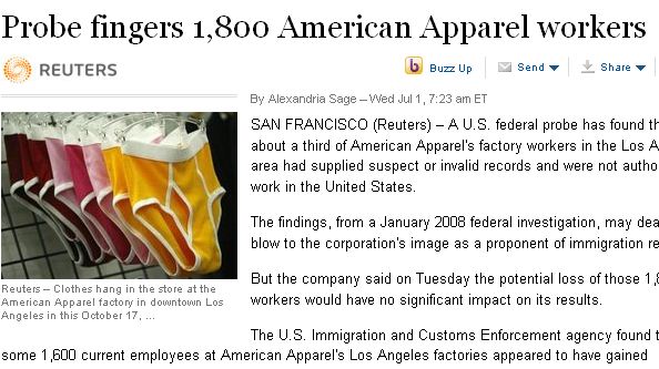 Probe fingers 1,800 American Apparel workers Reuters St 6 Buzz Up Send By Alexandria SageWed Jul 1, Et San Francisco Reuters Au.S. federal probe has found th about a third of American Apparel's factory workers in the Los A area had supplied suspect or…