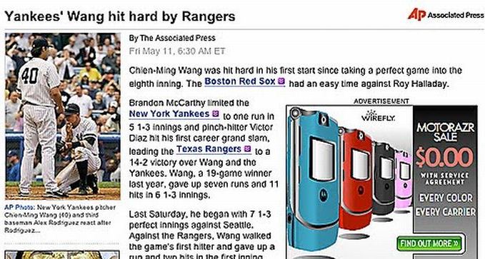 media - Yankees' Wang hit hard by Rangers Ap Associated Press By The Associated Press Fri May 11, Et ChienMing Wang was hit hard in his first start since taking a perfect game into the eighth inning. The Boston Red Sox had an easy time against Ray Hallada