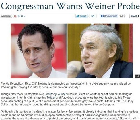 columnist - Congressman Wants Weiner Probe v V Na 6 24 Tweet 61 Recommend 603 Florida Republican Rep. Cliff Stearns is demanding an investigation into cybersecurity issues raised by , saying it is vital to ensure our national security." Though New York De