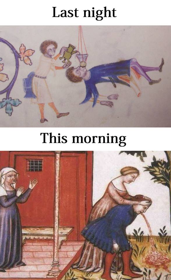 Funny classical meme of drinking last night and hung over this morning