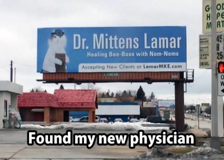 Funny picture of a billboard that appears to advertise the services of a doctor that is a cat named Dr Mittens Lamar