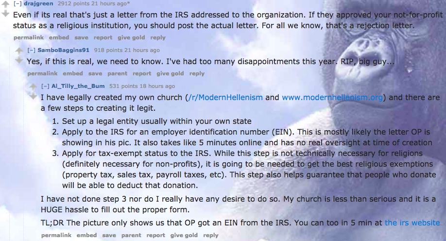 Though the envelop from the IRS looks legit, some on r/Harambe are calling him out: