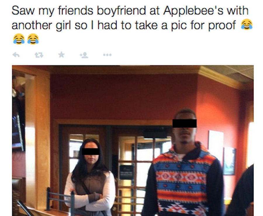 see my friend boyfriend with another girl - Saw my friends boyfriend at Applebee's with another girl so I had to take a pic for proof