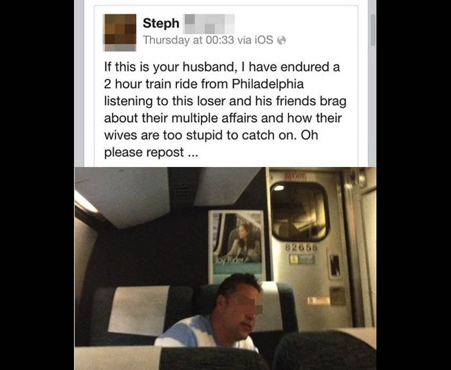 exposing cheaters meme - Steph Thursday at via iOS If this is your husband, I have endured a 2 hour train ride from Philadelphia listening to this loser and his friends brag about their multiple affairs and how their wives are too stupid to catch on. Oh p