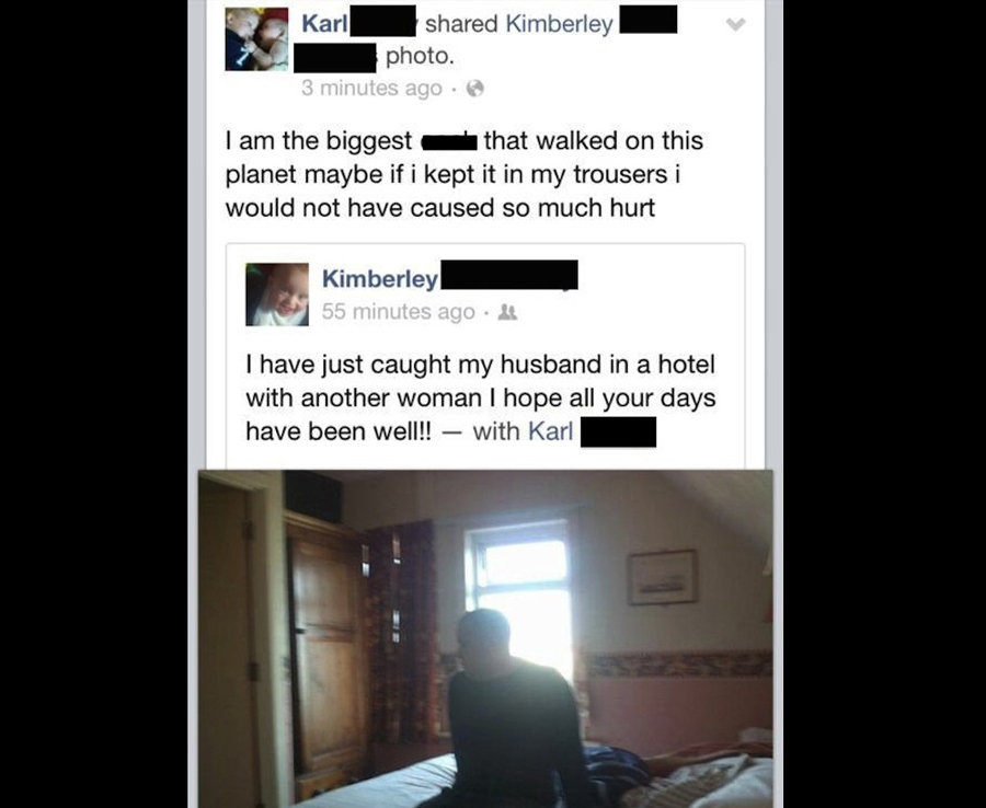 caught cheating on facebook - ka Karl d Kimberley photo. 3 minutes ago I am the biggest that walked on this planet maybe if i kept it in my trousers i would not have caused so much hurt Kimberley 55 minutes ago. I have just caught my husband in a hotel wi