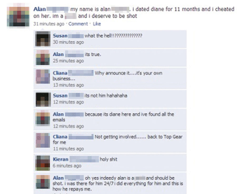 facebook death notices - Alan my name is alan i dated diane for 11 months and i cheated on her. im a a nd i deserve to be shot 31 minutes ago Comment. Uke Susan what the hel!!????????????? 30 minutes ago Alan its true. 25 minutes ago Why announce it....it