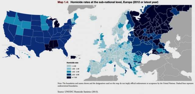 europe vs usa - Map 1.4 Homicide rates at the subnational level, Europe 2012 or latest year Thanlalaram mine on aniya taller tini Nalam Patril Source Unodc Homicide Statistics 2013