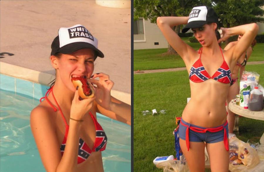 funny pictures of girl wearing white trash truckers-cap and a confederate flag bikini