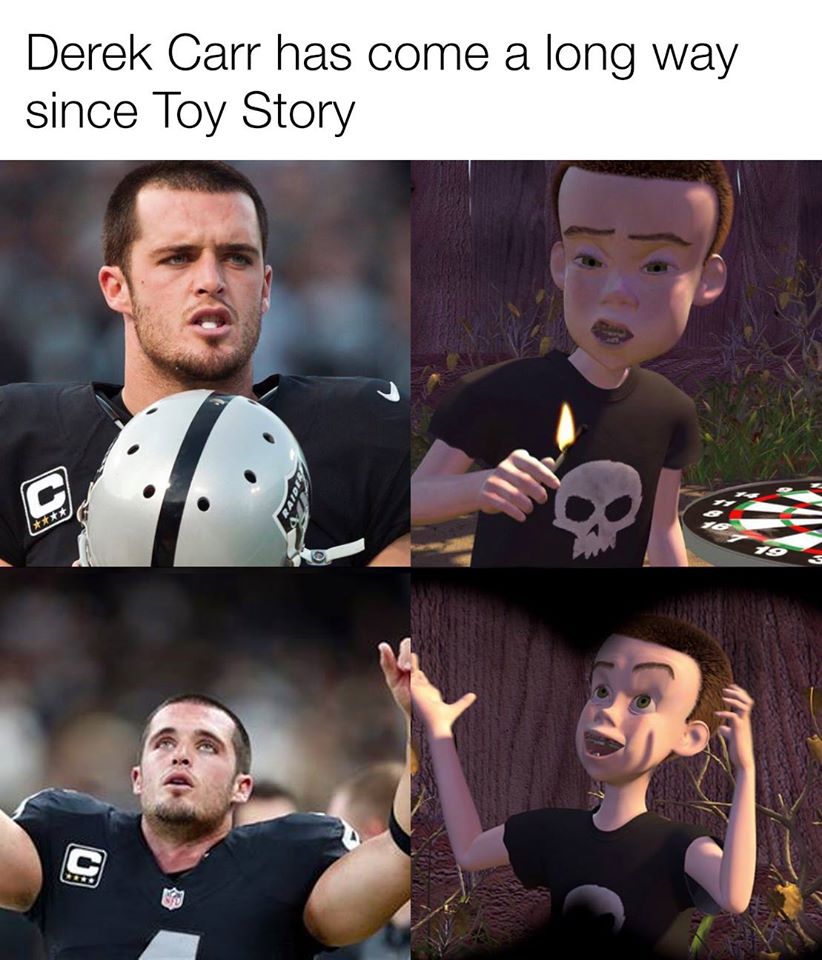 funny meme about football player that looks much like Derek Carr from Toy Story