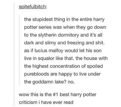 tumblr - things about slytherins - spitefulbitch the stupidest thing in the entire harry potter series was when they go down to the slytherin dormitory and it's all dark and slimy and freezing and shit. as if lucius malfoy would let his son live in squalo