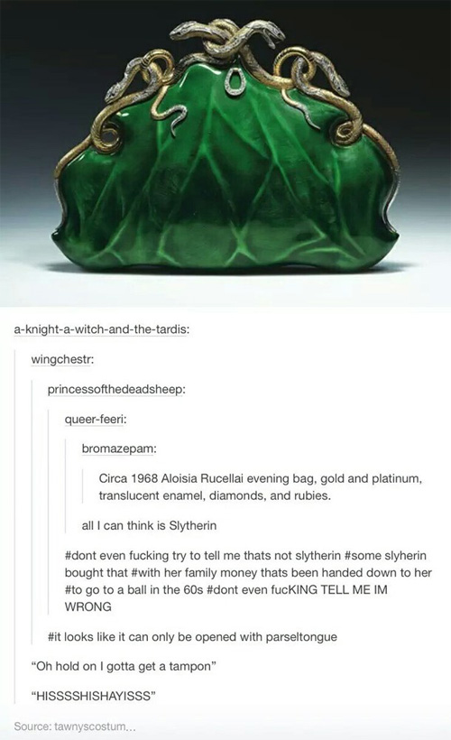 tumblr - aloisia rucellai evening bag - aknightawitchandthetardis wingchestr princessofthedeadsheep queerfeeri bromazepam Circa 1968 Aloisia Rucellai evening bag, gold and platinum, translucent enamel, diamonds, and rubies. all I can think is Slytherin ev