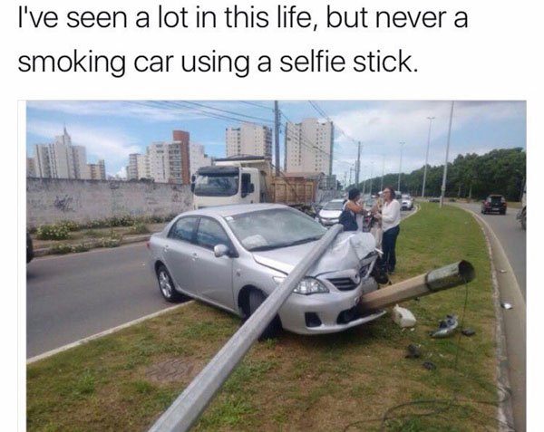Funny picture of a car smoking a cigar and taking a selfie made into a meme.