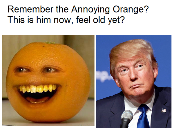 Savage meme of the annoying orange compared to Donald Trump.