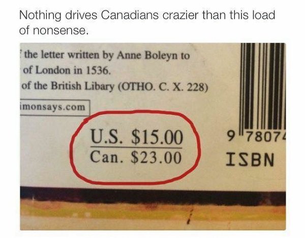 Funny meme of a picture showing the price discrepancy between US and Canada, but joking as if the currencies have the same value.
