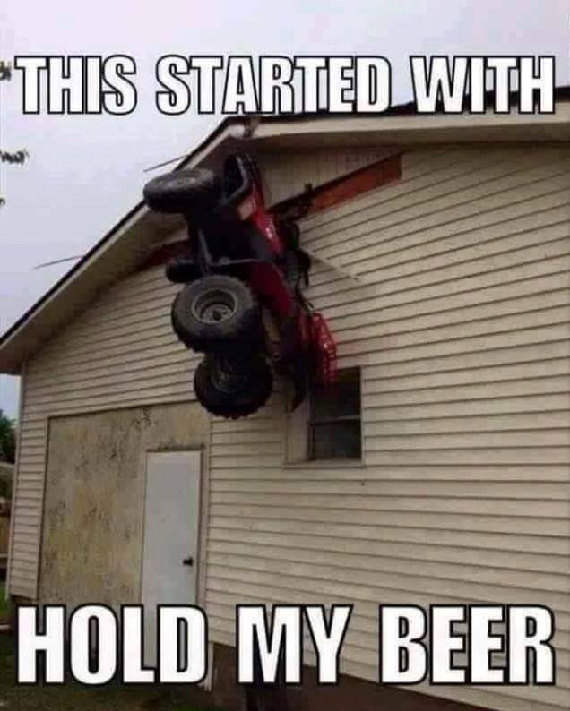 hold my beer meme of off road vehicle stuck in the wall