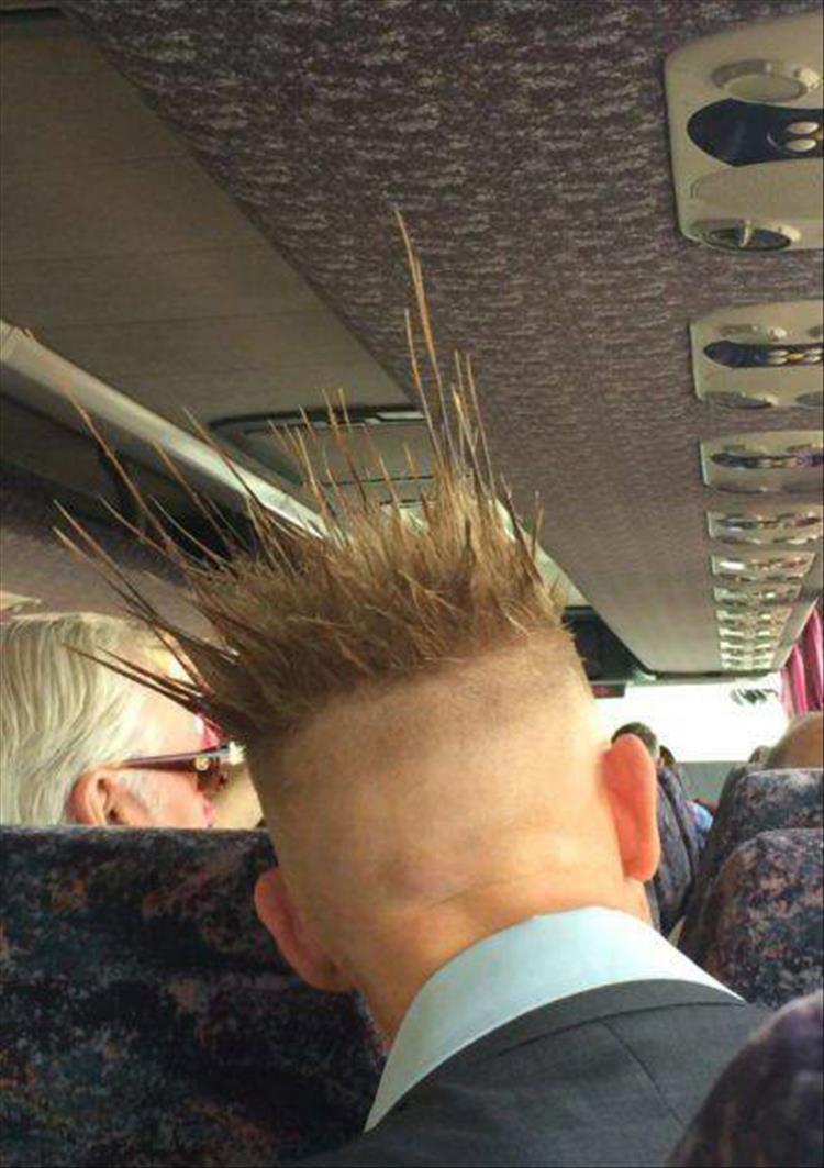 Funny pic of a man with spiky hair on a bus.