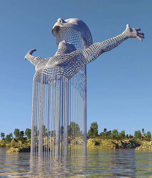 Cool sculpture that looks like a woman jumping out of the water