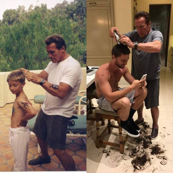 Arnold Schwarzenegger giving his kid a haircut at different ages.