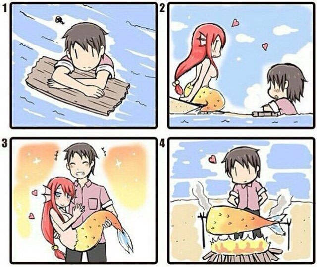 Funny Cartoon of a boy rescued by a mermaid and then he cooks her.