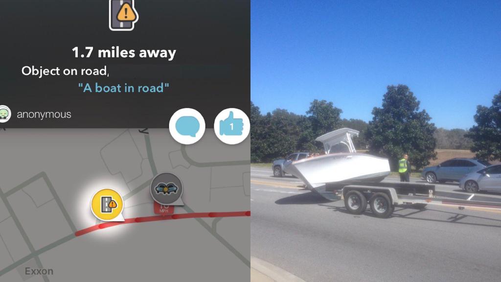 funny waze - 1.7 miles away Object on road, "A boat in road" anonymous Exxon