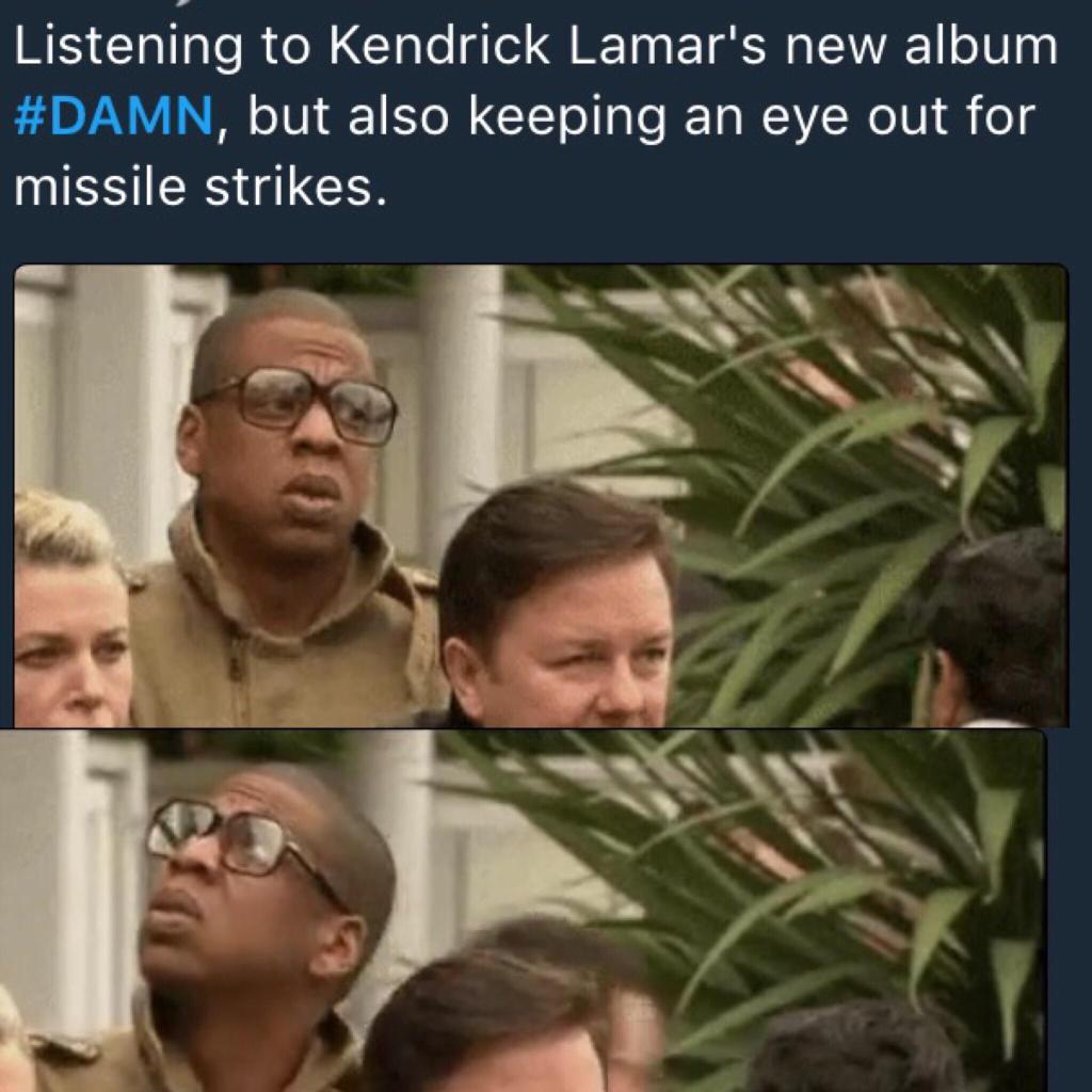 Funniest meme of Jay Z doing his thing and also keeping an eye out for missile strikes.