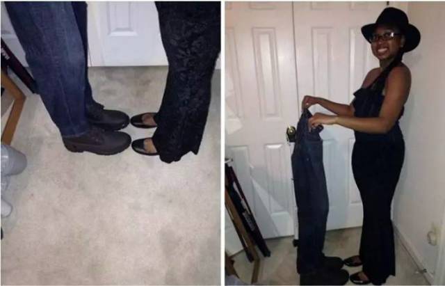 Pic of a girl standing next to a man to compare shoes, but it is just a girl with no man, as she is just holding empty pants over shoes.