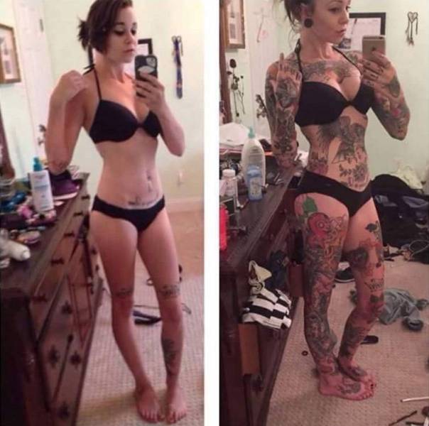 cute girl in black underwear before and after a whole bunch of new tattoos.