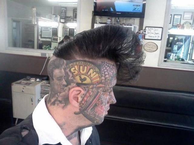 Crazy face tattoo and hairstyle for a man.