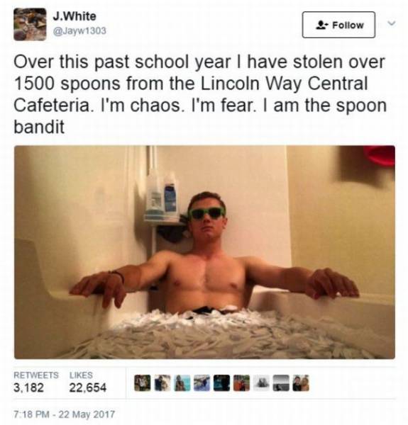 spoon bandit - J.White 4. Over this past school year I have stolen over 1500 spoons from the Lincoln Way Central Cafeteria. I'm chaos. I'm fear. I am the spoon bandit 3.182 22.654