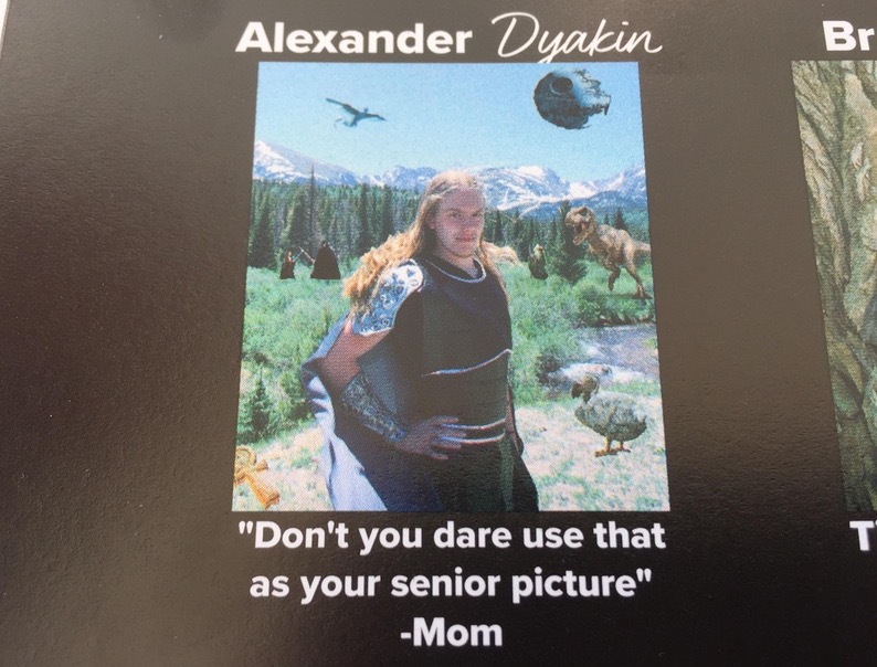 Funny picture in a year book with a quote of his mom asking him not to use that picture.