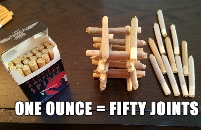 One Once = Fifty joints, joke meme with wooden cigarettes.