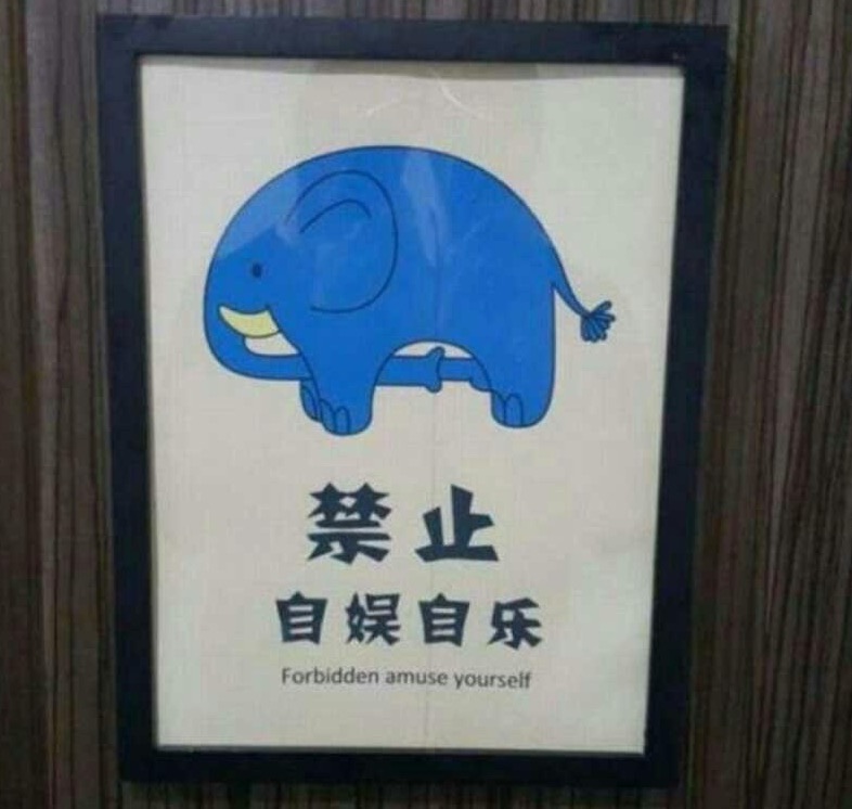 Chenglish sign of an elephant with his trunk around his penis and a poor translation stating that it is forbidden to amuse yourself here.