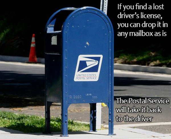 Fun fact that you can drop off a driver's license into any mailbox and the post office will deliver it.