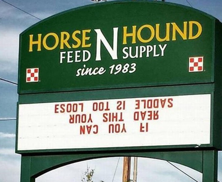 Horse feed supply sign that is upside down and says your saddle is a bit loose if you can read this.