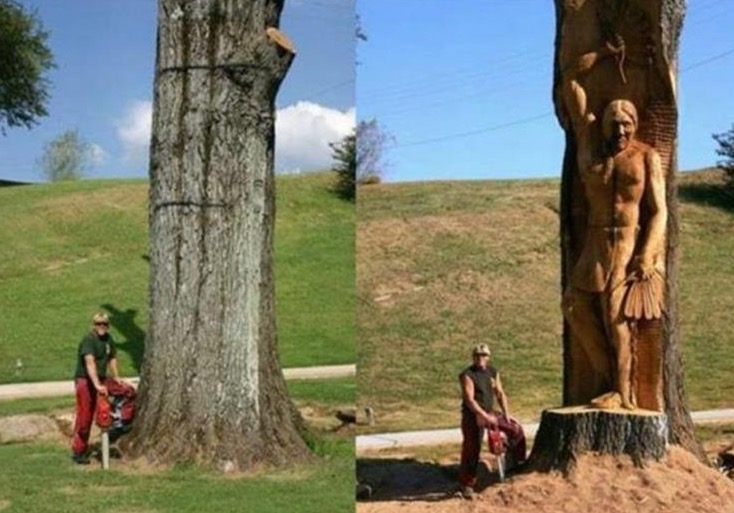 Before and after pic of a tree carved into a statue