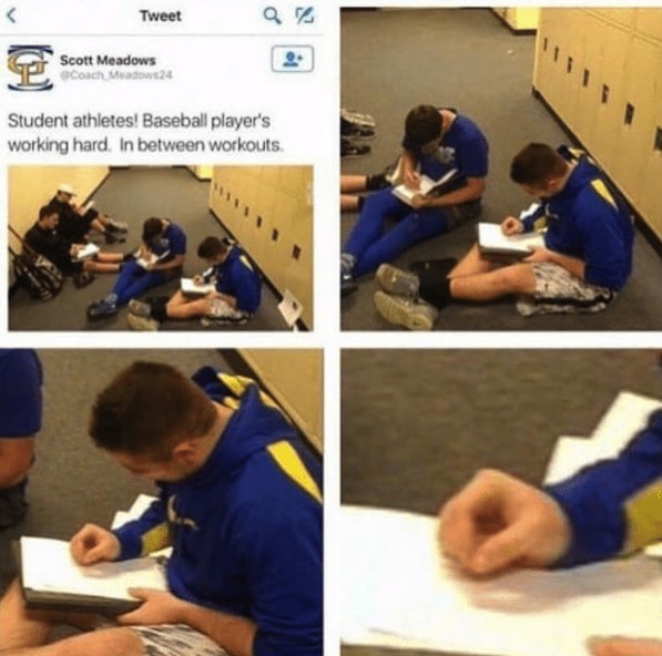 Sports team looking busy for the year book pics, and one guy is faking that he is even writing anything down, as he isn't really holding a pen.
