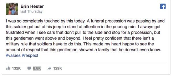 Hester still doesn’t know who the soldier is, but said she feels “he will not want recognition as this is probably something that is a part of his core values and does this on a regular basis.”

It remains uncertain who the soldier was, but his touching act of honor and respect will not be forgotten.