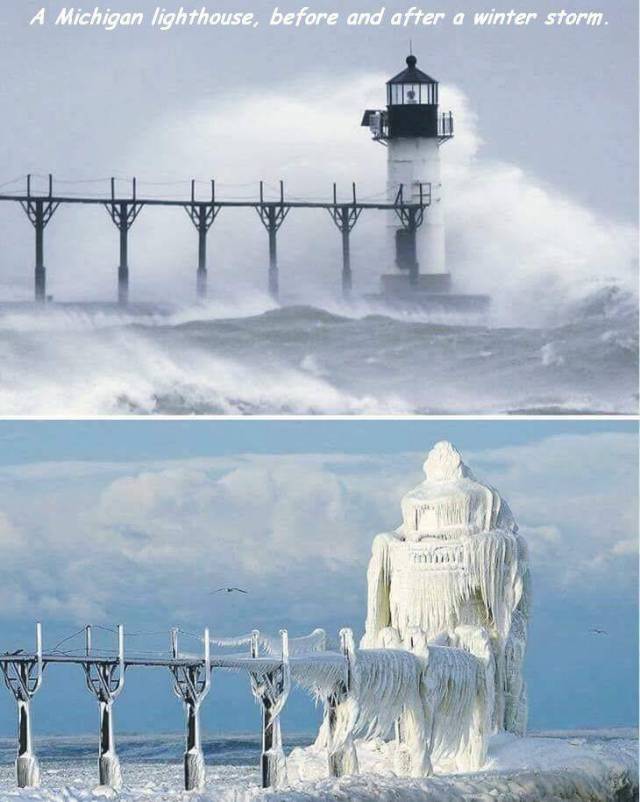st. joseph - A Michigan lighthouse, before and after a winter storm.