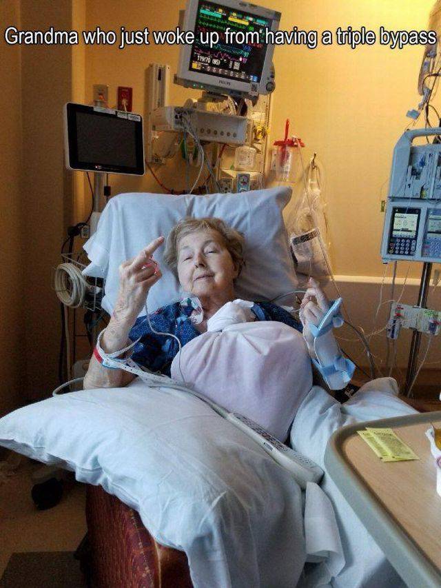 grandma in hospital bed - Grandma who just woke up from having a triple bypass