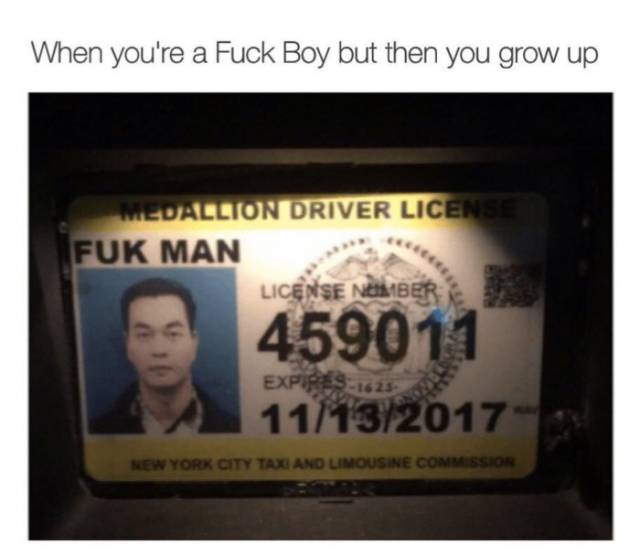 fuk boi meme - When you're a Fuck Boy but then you grow up Medallion Driver License Fuk Man License Number 459011 11132017 Expires 16259 New York City Tax And Limousine Commission