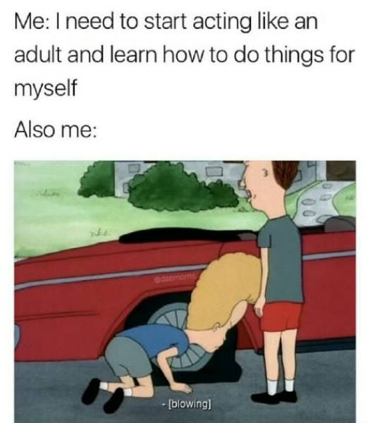 beavis and butthead change tire - Me I need to start acting an adult and learn how to do things for myself Also me blowing