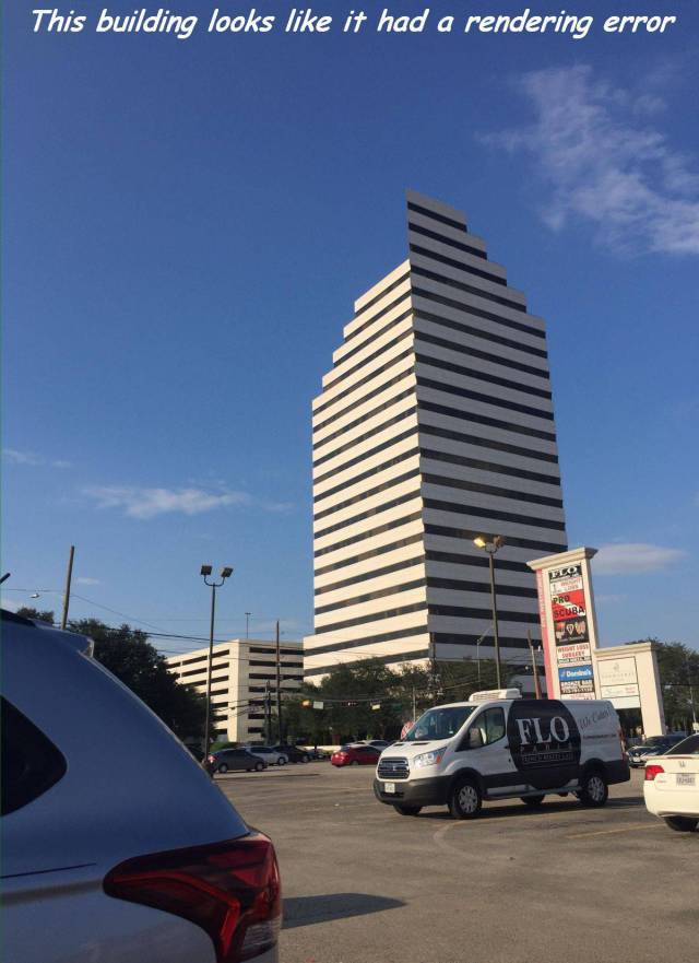 Funny meme of a building that seriously looks like it has had a rendering error.